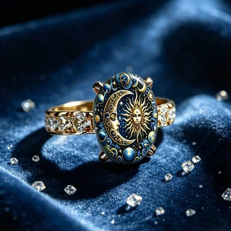 Copper Plain Sun & Moon Celestial Enamel Gold Fashion Ring - Jewelry Ring, Mystical Cosmic Design, Perfect for Anniversary, Everyday Wear, Romantic Gift for Girlfriends, Fashion Rings
