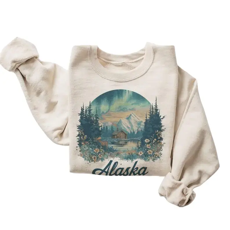 Vintage Alaska Northern Lights Sweatshirt, Unisex 90s Retro Moose Graphic Crewneck, Casual Long Sleeve Cotton Blend Pullover Top