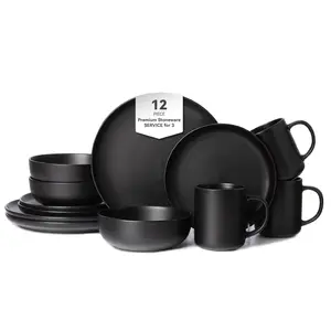 12-Piece Stoneware Dinnerware Sets with Mugs | Microwave & Dishwasher Safe | Non-Toxic Dinner Plates Bowls Set | Stackable Matte Glaze Kitchenware for 3,Black