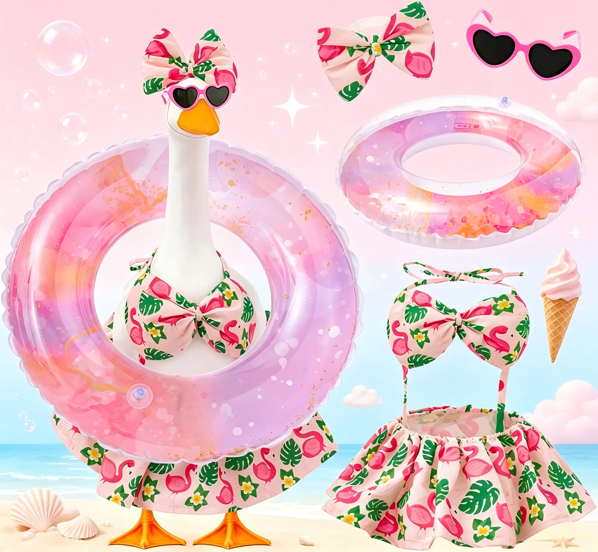 23-Inch Polyester Tropical Flamingo Outfit Set for Porch Goose - Bikini Top, Skirt, Bow, Sunglasses, Inflatable Swim Ring, Poolside DIY Lawn Statue Decor