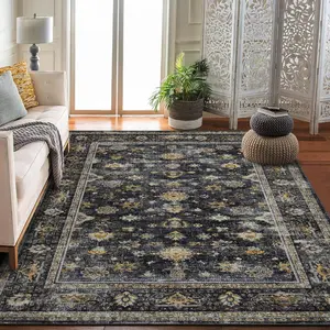 【GARVEE】Area Rug 5'x7' Indoor Vintage Living Room Carpet Washable Distressed Rug Black Floral Bedroom Retro Accent Throw Rug Office Dining Room Nursery