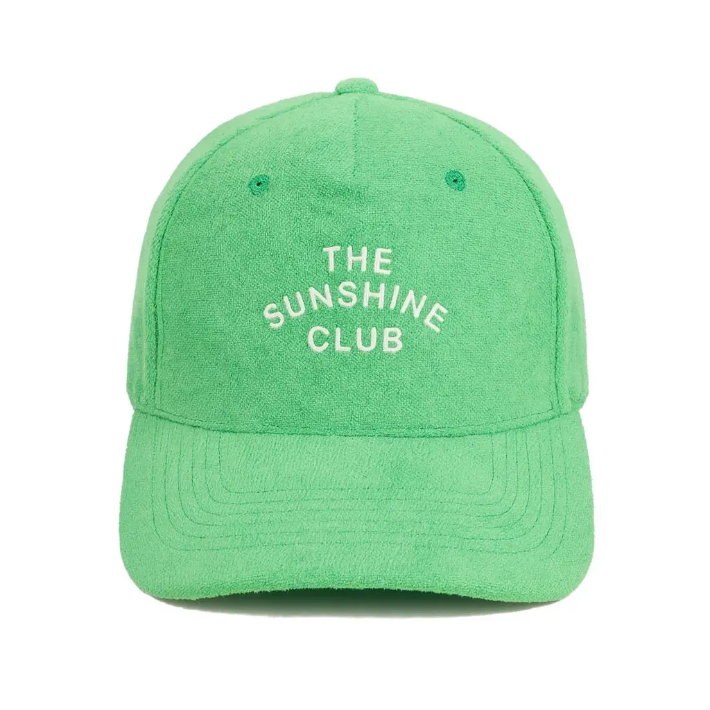 Lawn Green Terry Cloth Trucker Hat - The Sunshine Club Embroidered Logo, Soft, Lightweight, Breathable, Adjustable-Fit, One-Size Fashion Accessory for Beach Mornings, Pool Afternoons