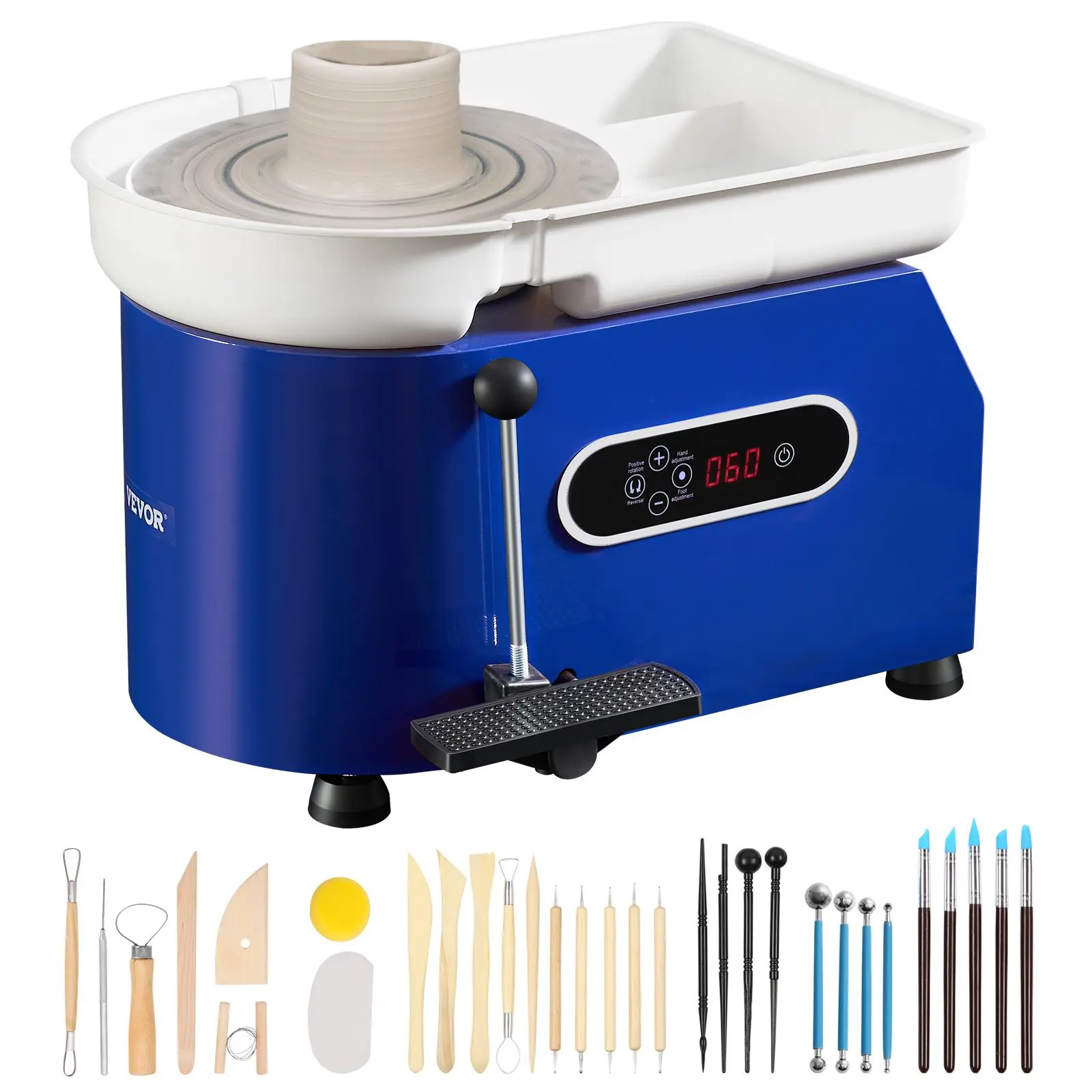 【Summerfinds】VEVOR Pottery Wheel, 450W, For Adults and Beginners, 11in Clay Wheel Machine,  Adjustable 60-300RPM Speed Handle and Pedal, ABS Detachable Basin, Accessory Kit for Craft DIY, LCD Touch Screen, Blue