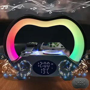 6-in-1 wireless charging RGB Lights effect speaker with time and temperature display alarm clock-black/white-1Pc Audio Smartphone Night