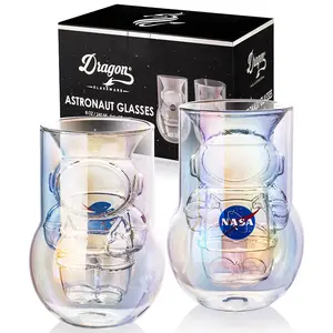 Dragon Glassware Astronaut Glasses - 7 oz Set of 2 Double Wall Iridescent Drinkware with NASA symbol and Artemis Patch Traditional Beverage