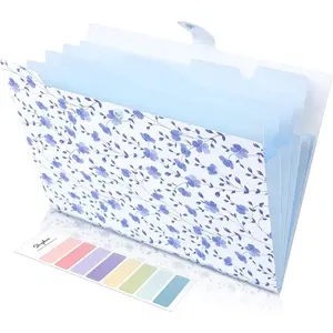Expanding File Folder with 5 Pockets, Floral Accordion File Organizer For Important Document, Portable Receipt Paper Organizer, School Office Supplies, Blue