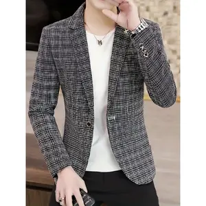 Men’s Houndstooth Blazer – Polyester, Slim Fit, Lapel Collar, Functional Pockets, Tailored Sports Jacket for Autumn/Winter, Long Sleeves