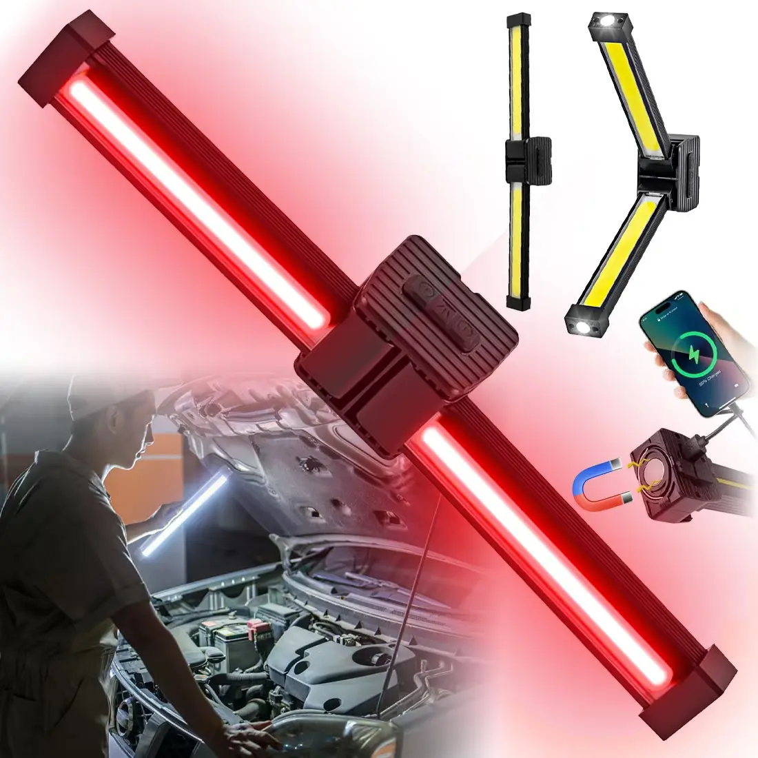 HOUBALND Rechargeable Outdoor Flashlight, Portable Gym Posing Lamp, Magnetic USB Rechargeable Spotlight, 180° Rotate Foldable Camping Light with Hang Hook, USB Power Bank, Men’s Gift (Black)