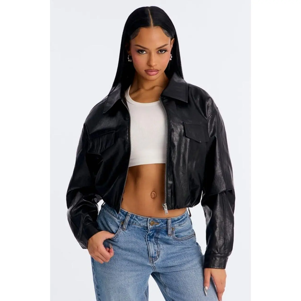 Paz Cropped Faux Leather Bomber Jacket - Black H - TikTok Shop