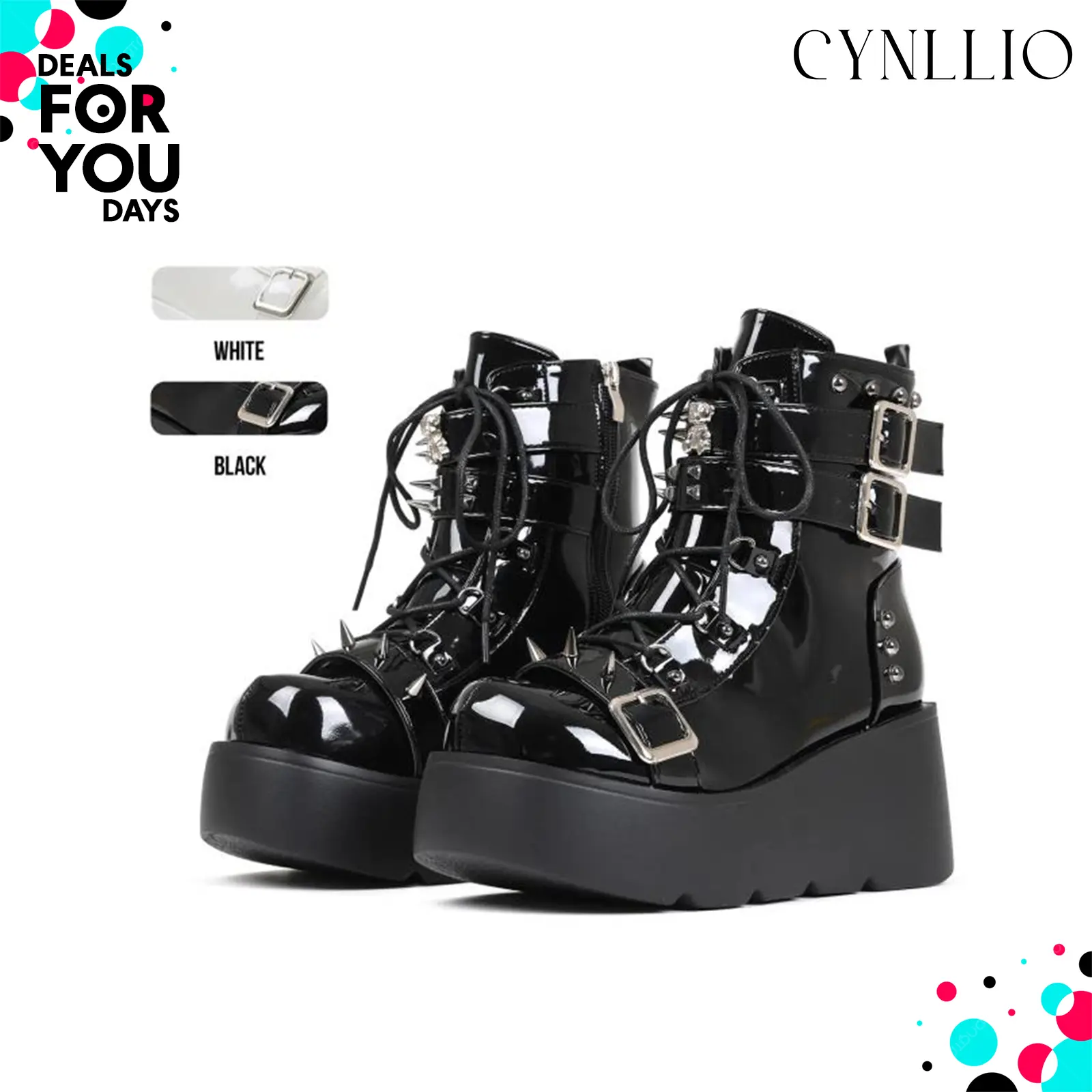Platform Ankle boots for Women Goth Rave Boots Studded Buckle Kawaii Shoes Platform High Heel Round Toe Side Zipper Wedges Combat Mid Calf  Winter Booties for Party Gothic Evening Concert Dress Shoes Deals For You Days