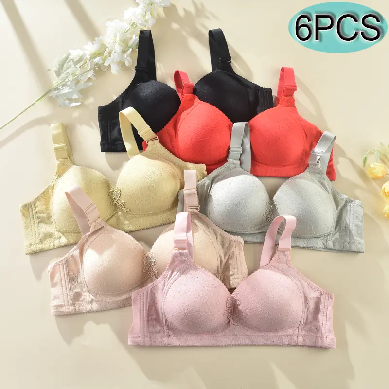 Women's 6-Pack Floral Lace Bralettes - Casual Wireless Bras with Gathered Cups, Fit & Flat Minimalist Design, Comfortable for Christmas, Romance-Focused Occasions