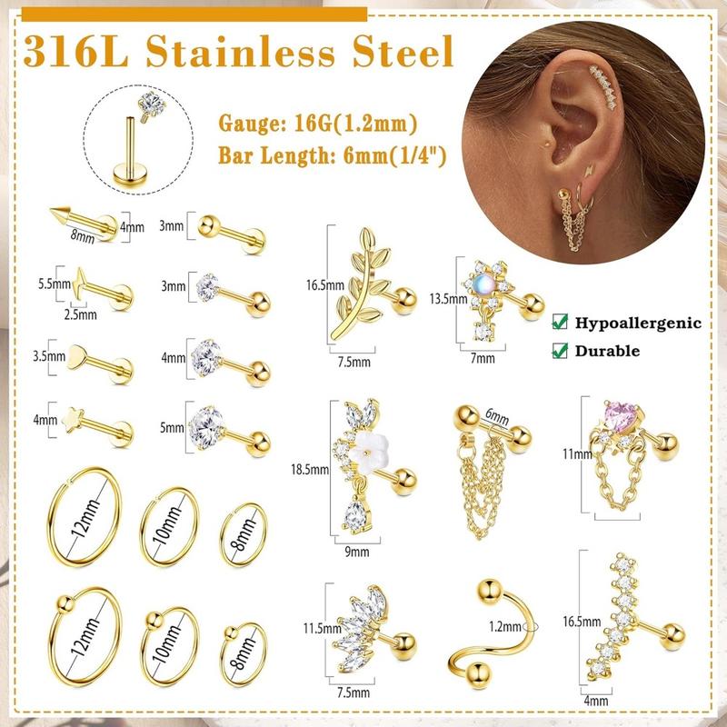 1Set Stainless Steel Cartilage Earrings Set for Women Opal Conch Helix Earrings Cartilage Stud Piercing Jewelry, Helix Studs, Stylish Studs, Durable Hoops