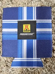 Beer Can Insulated Koozie Progressive KOA Camp Blue Flannel
