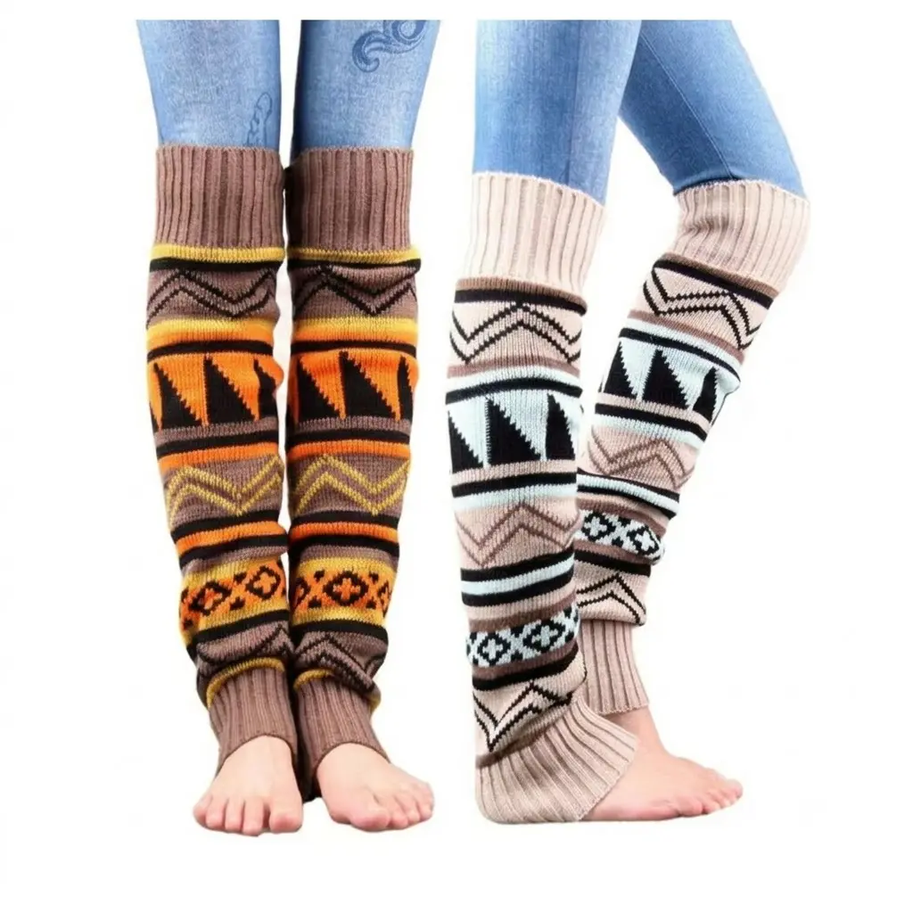 2 Pairs Women Knitted Bohemian Leg Warmers, Footless Knit Crochet Long Boot Socks, Boho Style Footless Socks