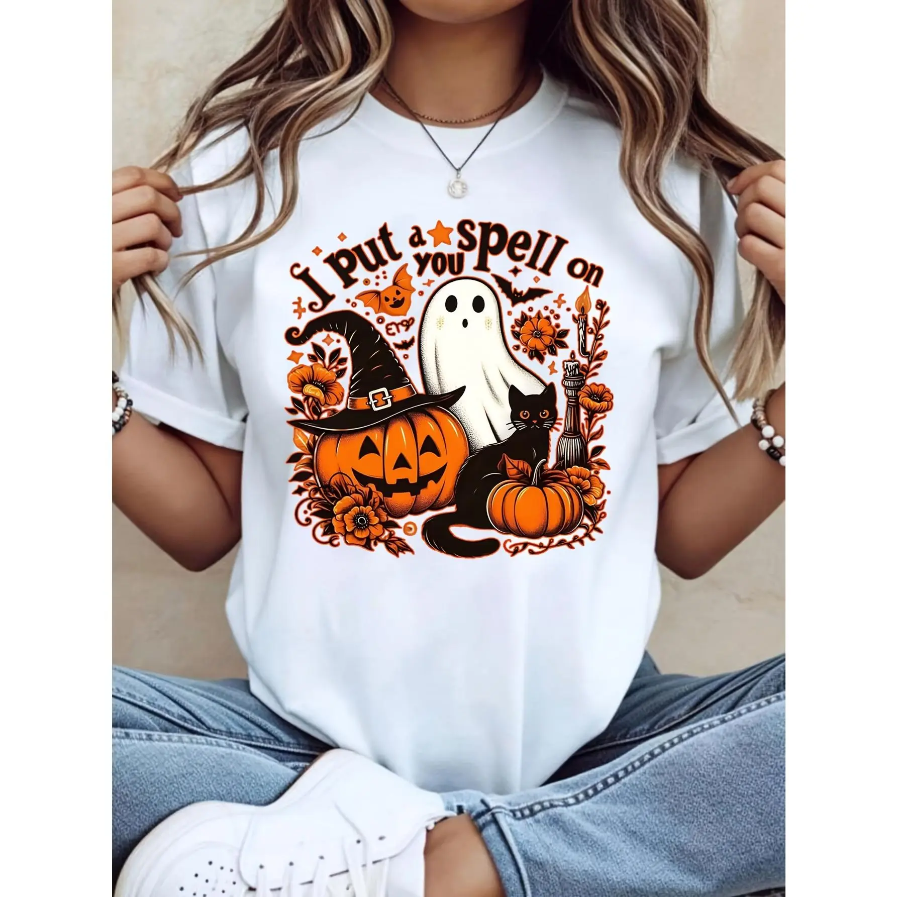 Cute Halloween Graphic, Women's T-Shirt, I Put A Spell On You Pumpkin Ghost Black Cat Design, Autumn Festival Party Wear, Gift For Girlfriend Wife Best Friend