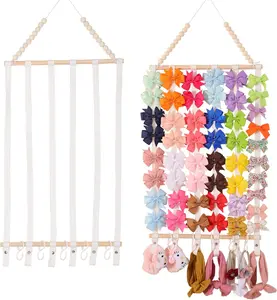 Bow Organizer for Girls Hair Bows Baby Headband Holder with 6 Cotton Belts 2 Wooden Sticks 5 S-hooks for Nursery Room White Decor Hook