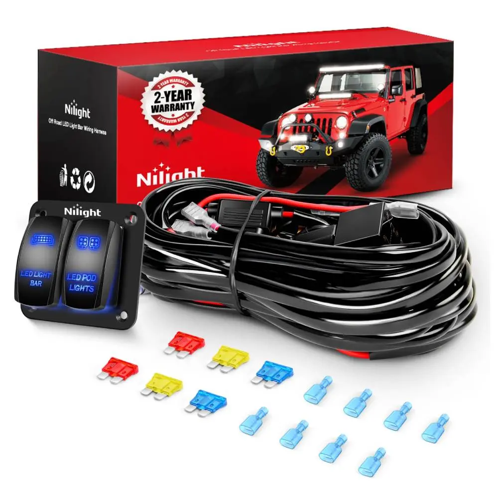 Nilight 16AWG Wire Harness LED Light BAR and LED POD Lights 4 Leads W/ 12V 5Pin Switch | 6 Fuses | 8 Spade Connectors, Lighting, Rocker Switch