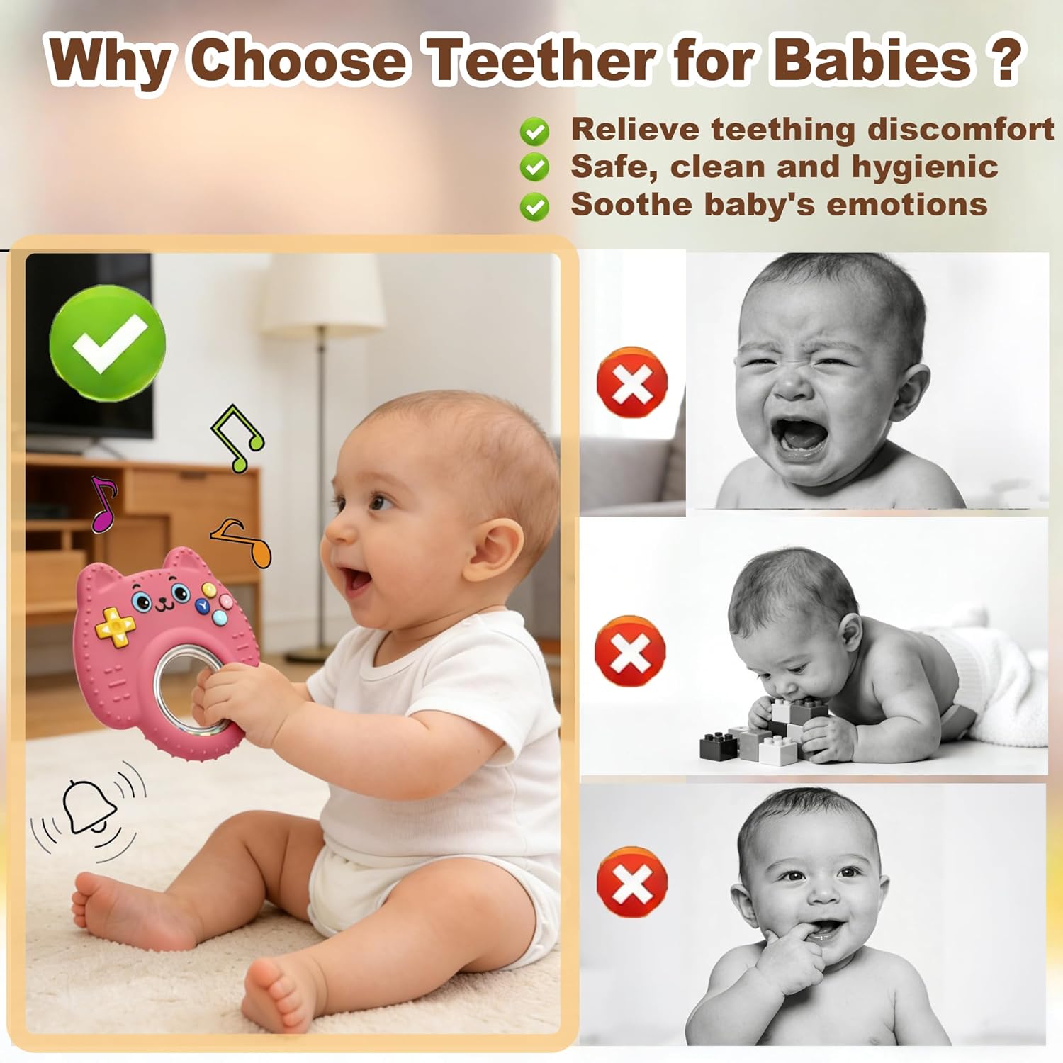 Baby Teething Toys for Infants 0-6-12 Months, Silicone Remote Control Teether Toy, Sensory Chew Rattle for Babies, BPA Free Teething Relief Toy for Newborn Boys & Girls, Pink