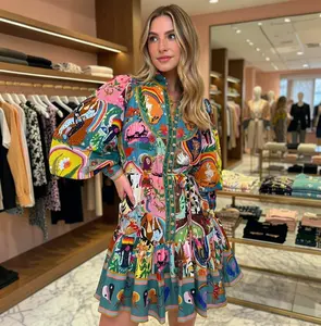 Women's Colorful Collage Print Dress Bohemian Style Collared Puff Sleeve with Belted Waist