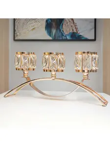 3 Arms Crystal Bowl Tealight Candelabra Votive Candle Stand, Candlestick Holders Wedding centerpieces for Tables Crystal Candlestick，Centerpiece Table Decorations (Gold)