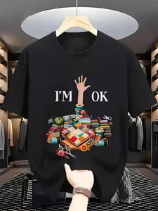 Unisex Retro "I'm Ok" Sewing & Quilting Graphic T-Shirt - Soft Comfortable Short Sleeve Crew Neck Top Suitable for Casual, Parties, Beach & Outdoor Activities - Glossy Finish, Machine Washable Clothing with Quilting