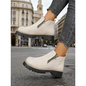 Women's Pink Suede Side - Zip Ankle Boots with Lug Sole, Fashionable Comfortable Block Heel Boots, Versatile Footwear for Daily Commuting, Leisure & Urban Style, Female All - match Trendy Retro Ankle Boots for Casual & Outdoor Wear