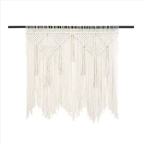 Creamy-White Rectangle Macrame Wall Hanging, Handwoven Bohemian Cotton Rope Tapestry, Minimalist Home Decoration for Household Decor Accents