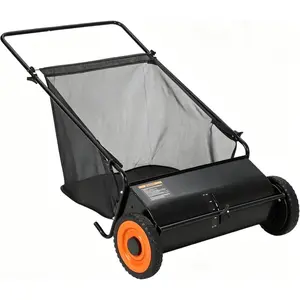 26-Inch Push Lawn Sweeper, 7 Cu. Ft. Hopper Leaf & Grass Collector, 4 Spinning Brushes, Adjustable Brush Height, Heavy Duty Steel Frame, Manual Yard Sweeper for Leaves & Grass Clippings, Bla