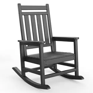 All-Weather HDPE Poly Lumber Patio Rocking Chair Set – High Back Adirondack Outdoor Rockers with Side Table – Durable, Heavy Duty Garden Furniture for Adults – Available in Black or Blue
