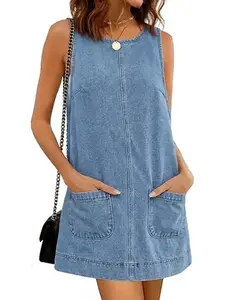 IDEALSANXUN Womens Denim Overall Dress Spring Summer Round Neck Sleeveless Jean Romper Mini Dress Casual Cotton Womenswear Backless Beach Outfits Skirt Solid Plus Size Sleeveless Swing Dress with Pockets