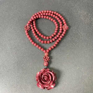 108-Bead Cinnabar Mala Necklace with Rose Pendant – Genuine Cinnabar Prayer Beads for Meditation, Protection & Positive Energy – Handmade Spiritual Jewelry