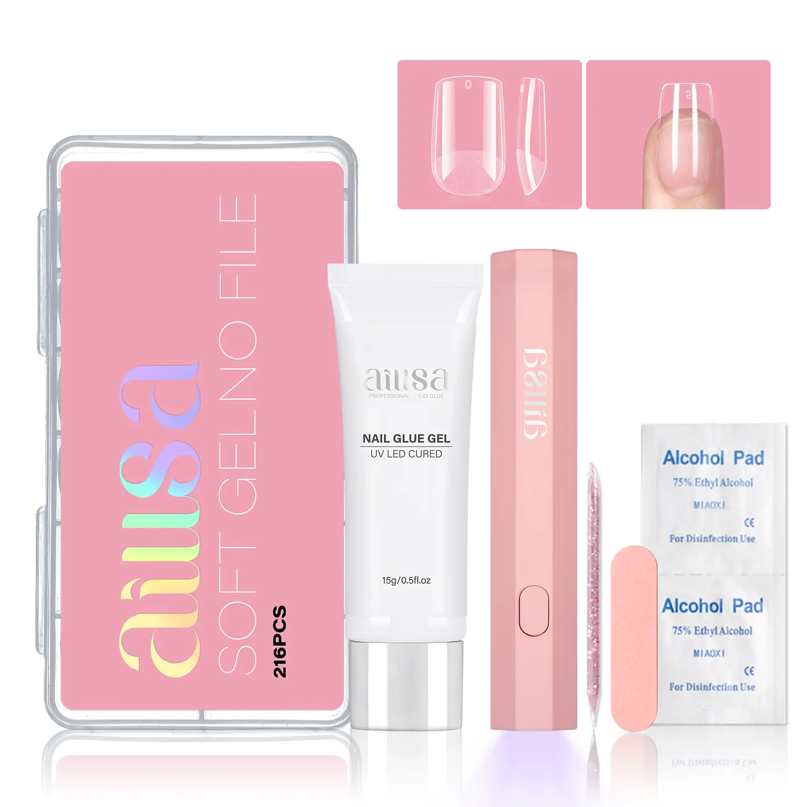 AILLSA DIY Nail Art Starter Kit Full Cover Clear NailTips Acrylic Pre-Filed Fake Press on for Extension, 15g Strong Solid Nail Glue,Handheld UV Light, DealsForYouDays