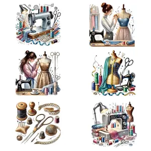 Sewing Machine Themed Pattern Sticker, 6pcs/set DIY Iron on Transfer Sticker, Heat Transfer Sticker for Clothes, DIY Clothing Decoration, Dressmaking Machine, Handcraft