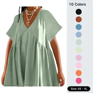 Yeokou Womens Summer Mini Dress Casual Short Sleeve Loose V Neck Swing Sundress with Pocket