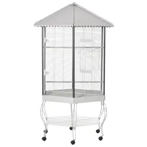 PawHut 77" Flight Bird Cage Hexagon Covered Canopy Portable Aviary With Storage