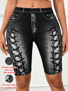 Women's Fitted Capri Pants, Printed Non-Denim Fabric, Natural Waist, All Seasons Wear, Y-Type Silhouette, Five-Piece Bottoms