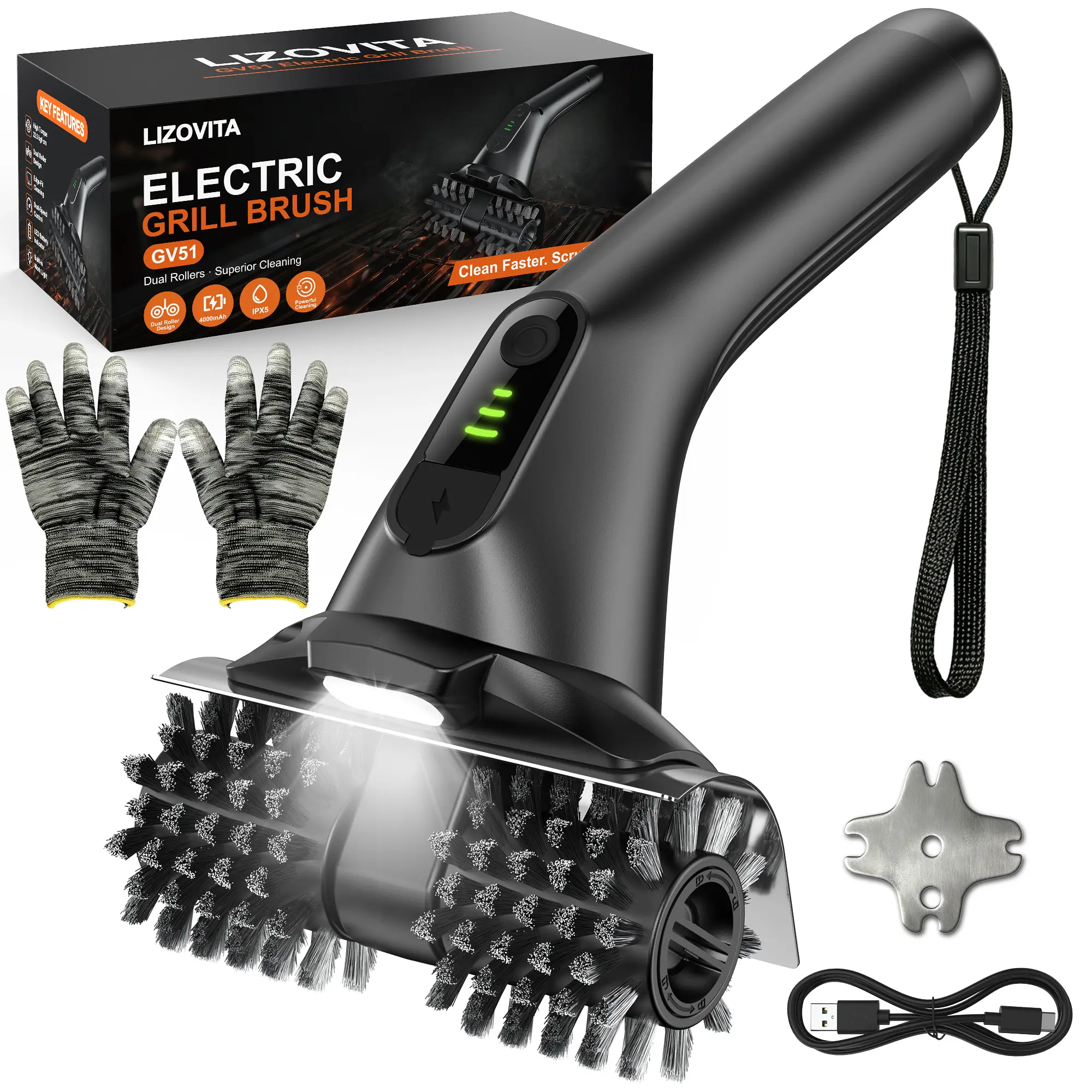 Electric Grill Brush for BBQ, Dual Roller Cordless Rechargeable Grill Cleaner with Stainless Steel Bristles, 22.5kg High Torque 2-Speed Rotary Cleaning Brush, IPX5 Waterproof Outdoor Barbecue Grate Cleaner, Gift for Dad