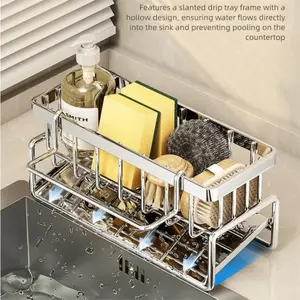 Kitchen Sink Drain Rack with Drip Tray, Stainless Steel Material, Storage for Kitchen Cleaning Supplies, Dish Soap, Sponge, Steel Wool, Cloth, Dish Drainer, Dish Drying Organiser