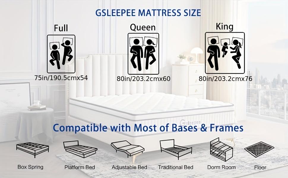 Gsleepee Full/Queen/King Size Mattress, 10inch/12inch Gel Memory Foam Topper Mattress, Individually Inner Spring Hybrid Mattresses, Medium Firm In A Box.
