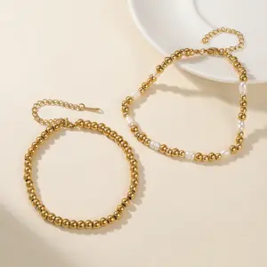 Personalized Chain Bracelet With Gold Beads And White Pearls A Valentine's Day Gift