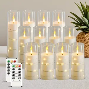 12-piece flameless LED candle set, with timer and embedded star string, suitable for romantic atmosphere and home decoration (white)