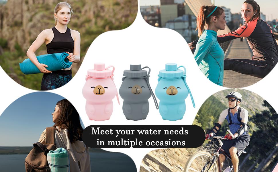 Cute Cartoon Shaped Foldable Water Bottle 500ml, Leakproof Soft Silicone Travel Flask with Handle, Portable Space-Saving Drinking Bottle for Hiking Camping Gym Daily Use