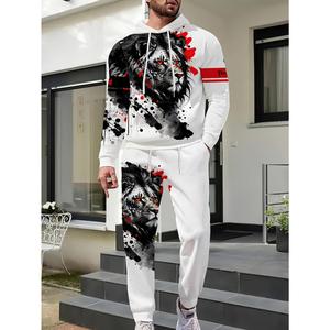 Men's Casual 2-Piece Set, Lion Ink Print Hoodie and Sweatpants, Spring and Autumn Fashion Outfit