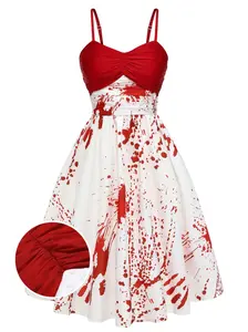 RED&WHITE 1950S HALLOWEEN BLOOD DRESS - Vintage Sleeveless Spaghetti Strap Dress with Bold Red & White Color Scheme for Halloween Events