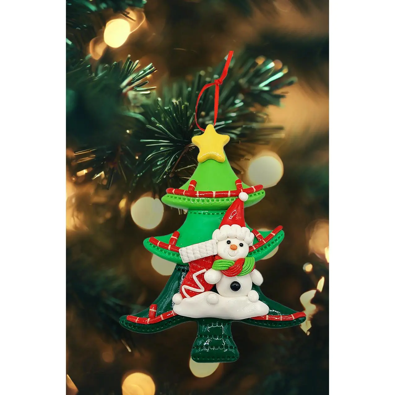 Christmas Ornament - Glossy Gingerbread Tree with Snowman. Wizardi Festive Decoration F07-N2-12-AA453C
