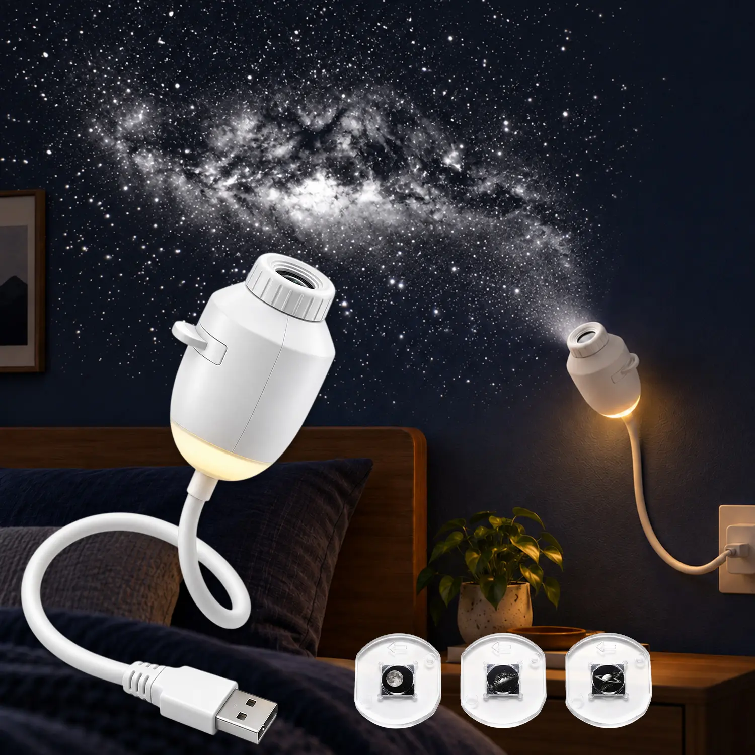 2-in-1 Galaxy Projector Night Light, USB Interface, Dual-Mode Starry Sky Projection/Warm Light Night Light, Adjustable Focus and Brightness with 3 Sliding Projection Films for Bedroom