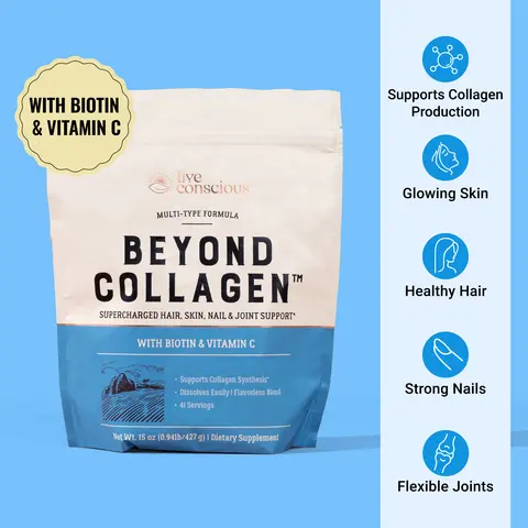 Live Conscious Beyond Collagen Multi Collagen Powder - Types I, II, III, V & X Hydrolyzed Collagen Peptides Powder Blend w/ Biotin & Vitamin C