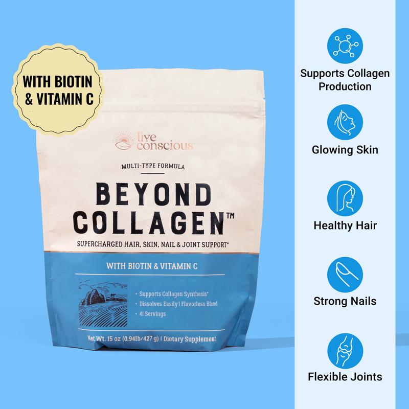 Live Conscious Beyond Collagen Multi Collagen Powder - Types I, II, III, V & X Hydrolyzed Collagen Peptides Powder Blend w/ Biotin & Vitamin C