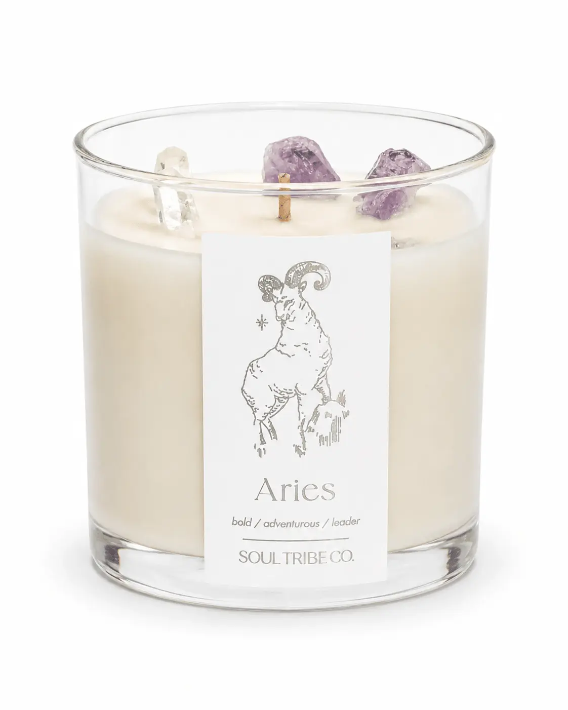 Soul Tribe Co. Aries Crystal Infused Soy Candle with Amethyst and Clear Quartz Decor Ornaments