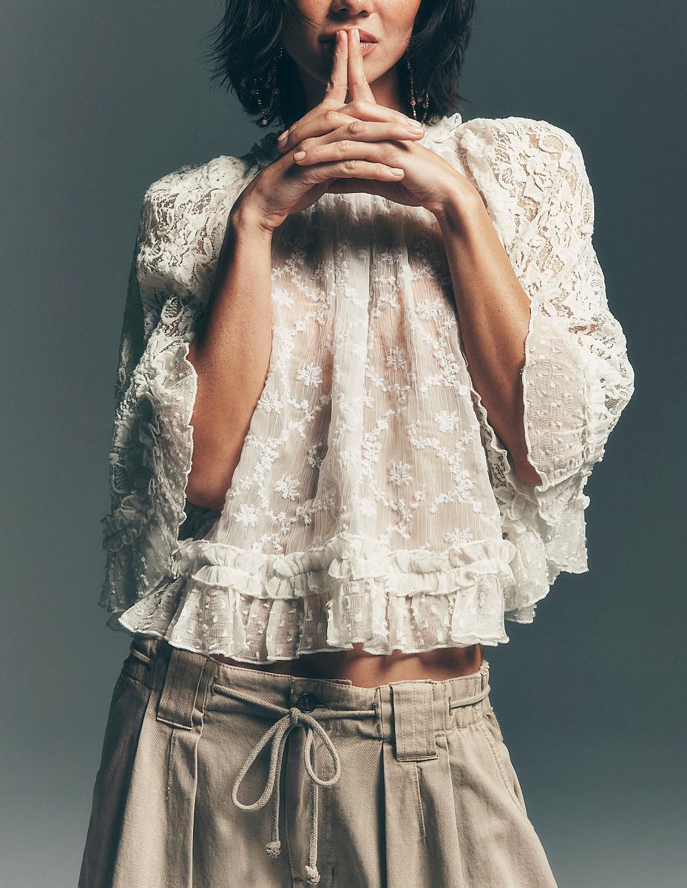 Women Sheer Poncho Tops Oversized Batwing Sleeve Blouse Contrast Lace See Through Mesh Cover Up Ruffle Flowy Boho Shirt